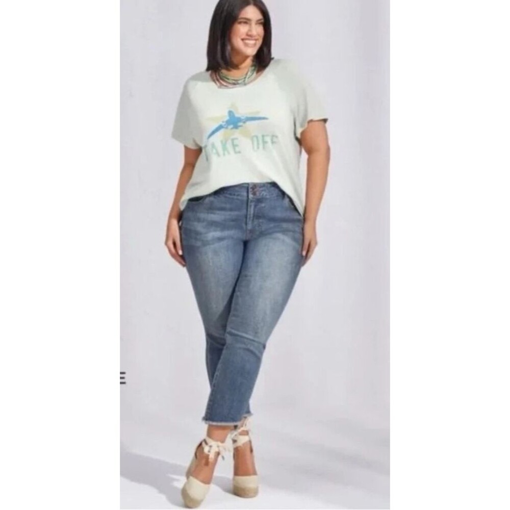 Cabi  Departure Tee 6124 Womens M Airplane Light Green Blue Cotton T Shirt USA